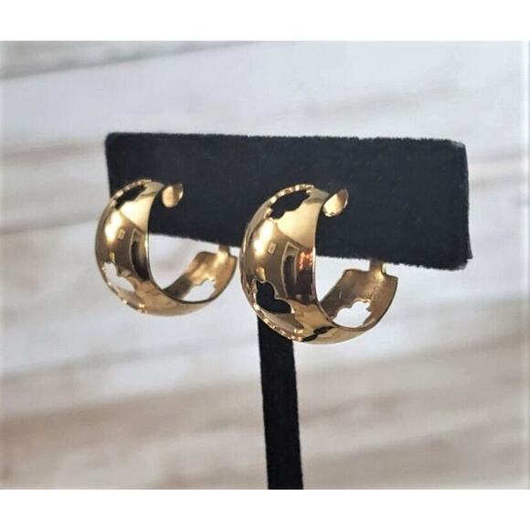Vintage Clip On Earrings - Unusual Chunky Gold Tone Hoops with Cut Out Design - Picture 1 of 5